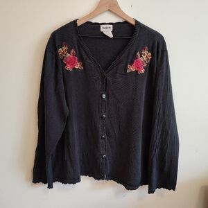 Vintage BonWorth XL Scalloped Edge Embroidered Black Cardigan Cotton-Ramie
